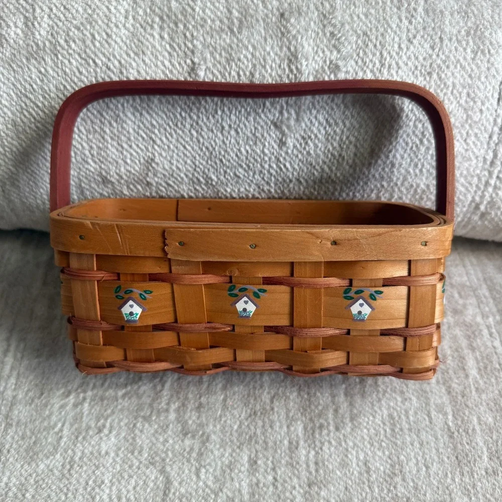 Vintage Woven Basket Hand Painted W/Birdhouses Cottagecore